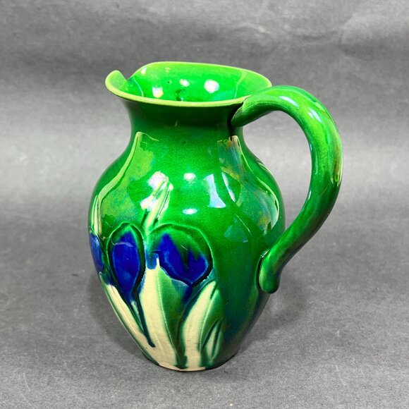 Antique Awaji Pottery Blue White Iris Green Pitcher Awaji Ware Glazed Japan - Picture 2 of 16